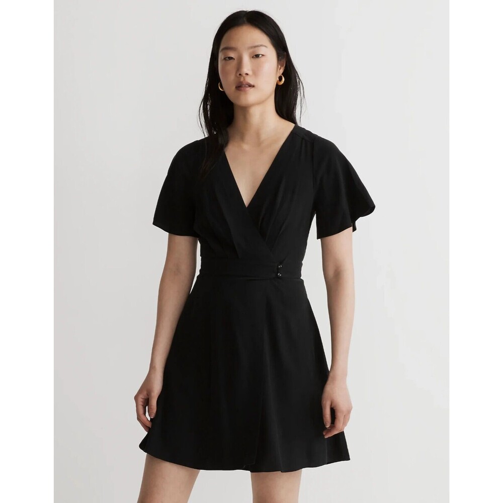 Madewell Size 2 Pleated Waist True Wrap Mini Dress True Black V-Neck Flowy NWT